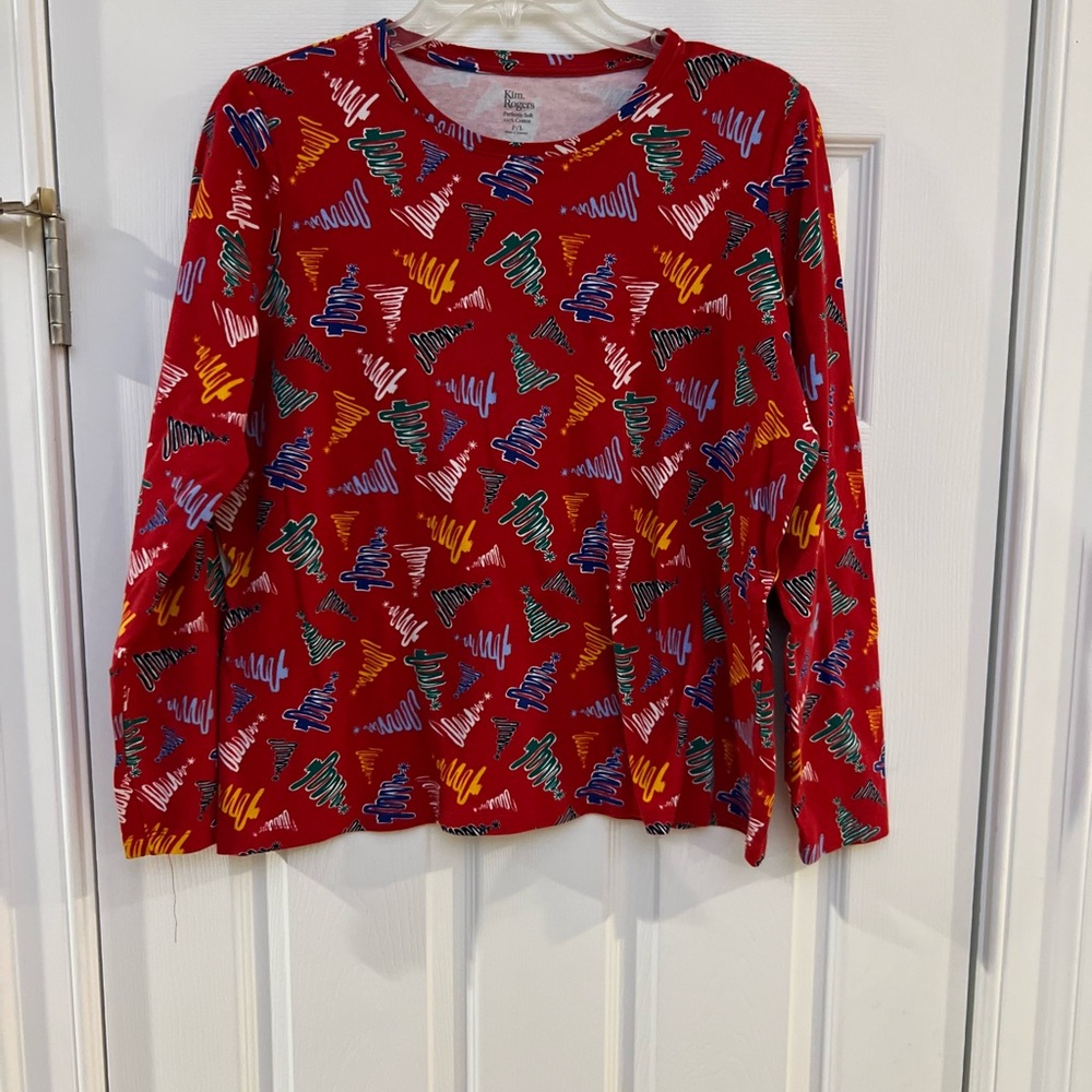 Ladies Size PL "Kim Rogers@ Red Long Sleeve Tee  Next Holidays TREES GUC ❤️